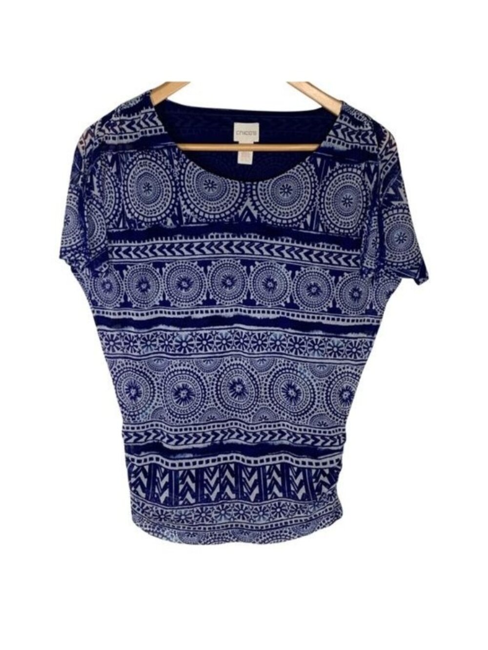 Chicos Womens Size 0 Small Blue White Mesh Top Short Sleeve Boho Casual
